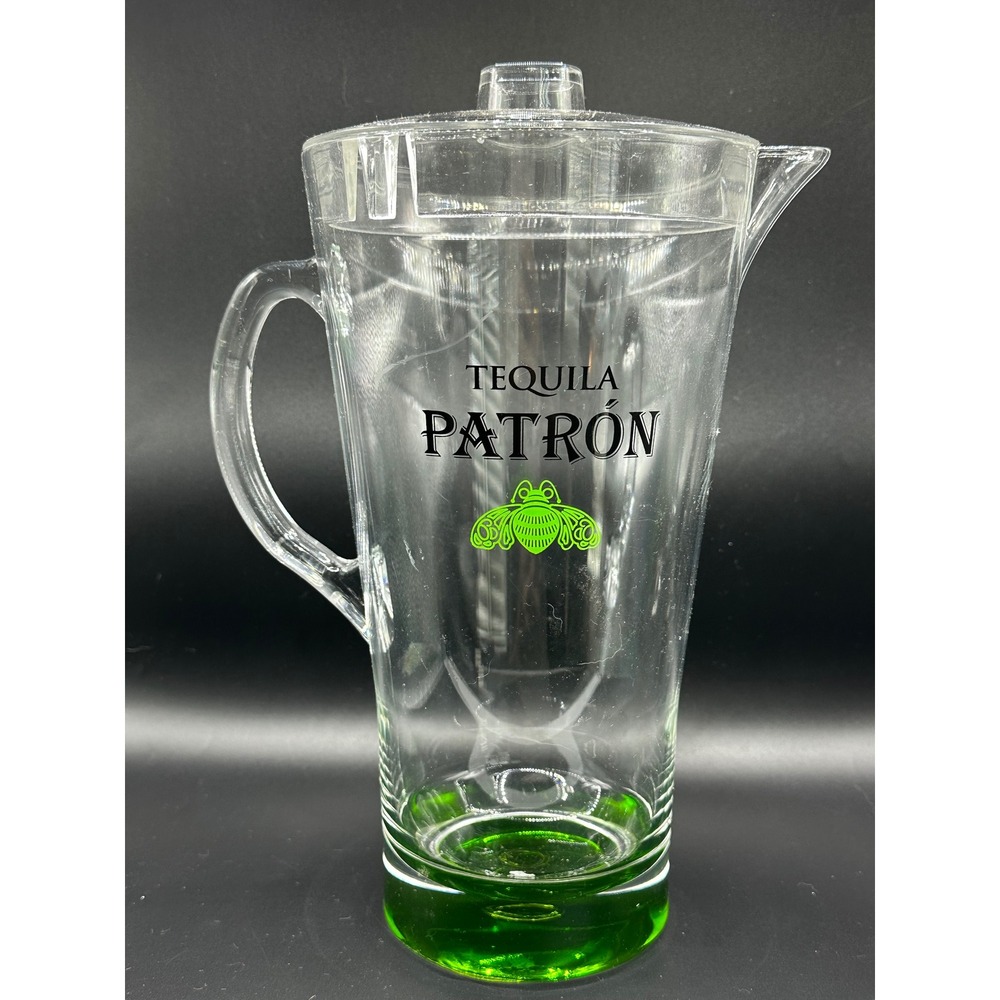 Patron Tequila Acrylic Pitcher with Lid Green Bee Logo Clear Plastic Barware 11"